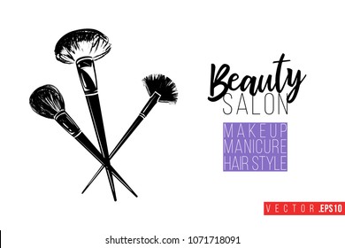 Contrast powder brushes with text label: beauty salon. Fashion banner for makeup salon, beauty store. Promo background for makeup artist, beauty stylist, fashion blog. Cosmetic concept.
