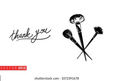 Contrast powder brushes with text label: thank you. Fashion banner for makeup salon, beauty store. Promo background for makeup artist, beauty stylist, fashion blog. Cosmetic concept.