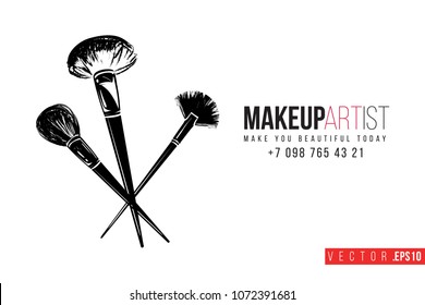 Contrast powder brushes with text label: makeup artist. Fashion banner for makeup salon, beauty store. Promo background for makeup artist, beauty stylist, fashion blog. Cosmetic concept.