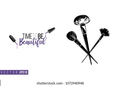 Contrast powder brushes with text label: time to be beautiful. Fashion banner for makeup salon, beauty store. Promo background for makeup artist, beauty stylist, fashion blog. Cosmetic concept.