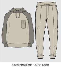 CONTRAST RAGLAN SLEEVES HOODIE PAIRED WITH MATCHING  JOGGERS COORDINATE SET DESIGNED FOR MEN YOUNG MEN AND TEEN BOYS IN VECTOR ILLUSTRATION