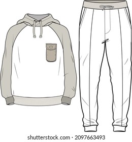 CONTRAST RAGLAN SLEEVES HOODIE PAIRED WITH MATCHING  JOGGERS COORDINATE SET DESIGNED FOR MEN YOUNG MEN AND TEEN BOYS IN VECTOR ILLUSTRATION