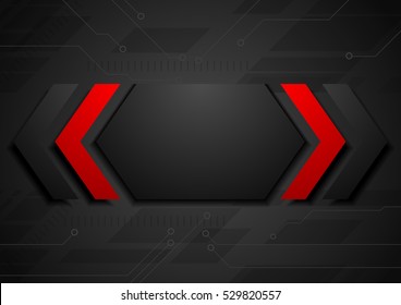 Contrast red black geometric abstract background with circuit board and arrows drawing. Technology concept vector design