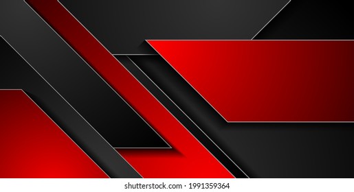 Contrast red black paper tech geometric background. Vector design