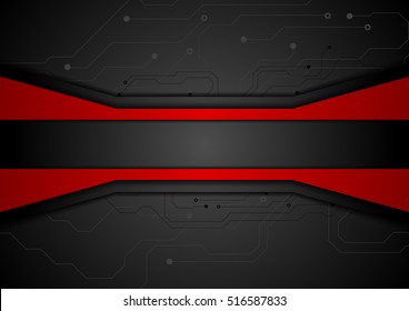 Contrast red black tech abstract background with circuit board drawing. Technology concept vector design