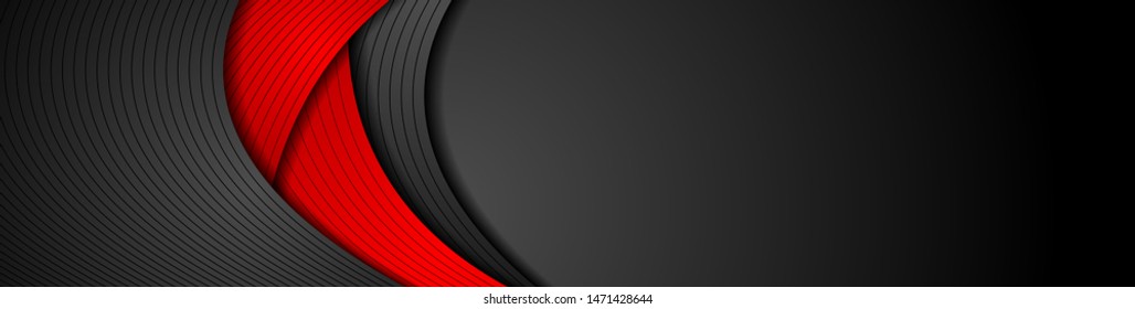 Contrast red and black waves with thin lines pattern. Abstract corporate wavy banner design. Vector dark modern background