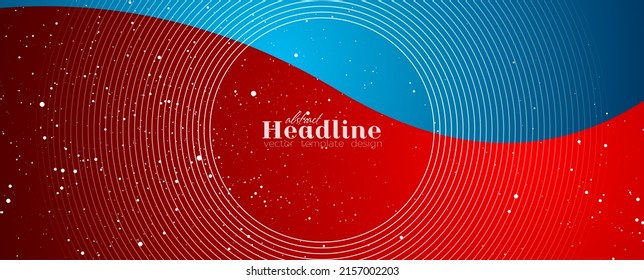 Contrast red blue wavy background with white linear circles and dots. Vector banner design