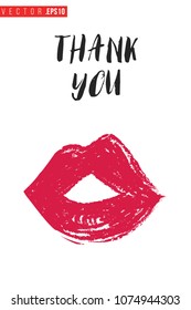 Contraste la boca de los labios rojos con la etiqueta de texto: gracias. Pancarta de moda para salón de maquillaje, tienda de belleza. Antecedentes promocionales para maquillador, estilista de belleza, blog de moda. Concepto estético.