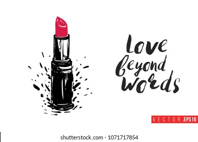 Contrast red lipstick with text label: love beyond words. Fashion banner for makeup salon, beauty store. Promo background for makeup artist, beauty stylist, fashion blog. Cosmetic concept.