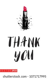 Contrast red lipstick with text label: thank you. Fashion banner for makeup salon, beauty store. Promo background for makeup artist, beauty stylist, fashion blog. Cosmetic concept.