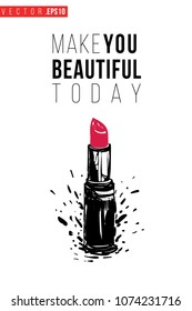 Contrast red lipstick with text label: make you beautiful today. Fashion banner for makeup salon, beauty store. Promo background for makeup artist, beauty stylist, fashion blog. Cosmetic concept.