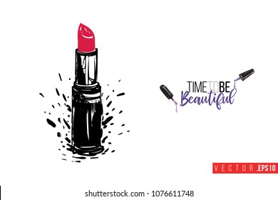 Contrast red lipstick with text label: time to be beautiful. Fashion banner for makeup salon, beauty store. Promo background for makeup artist, beauty stylist, fashion blog. Cosmetic concept.