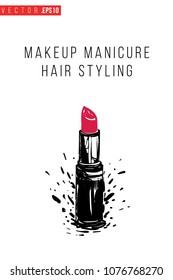 Contrast red lipstick with text label: makeup manicure hair styling. Fashion banner for makeup salon, beauty store. Promo background for makeup artist, beauty stylist, fashion blog. Cosmetic concept.
