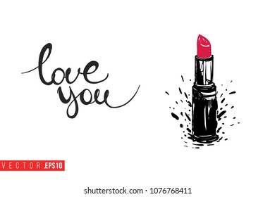 Contrast red lipstick with text label: love you. Fashion banner for makeup salon, beauty store. Promo background for makeup artist, beauty stylist, fashion blog. Cosmetic concept.