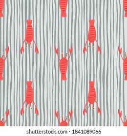 Contrast red lobster seamless pattern. Doodle animal marine print with blue striped background. Aquatic backdrop. Great for fabric design, textile print, wrapping, cover. Vector illustration.