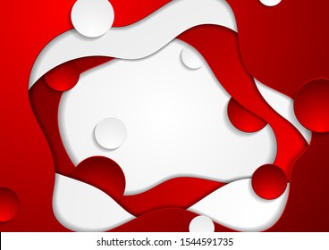 Contraste el patrón de ondas líquidas curvadas rojas y blancas. Resumen del fondo ondulado corporativo con círculos. Diseño de vectores