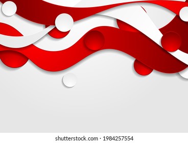 Contraste el patrón de ondas líquidas curvadas rojas y blancas. Resumen del fondo ondulado corporativo con círculos. Diseño de vectores