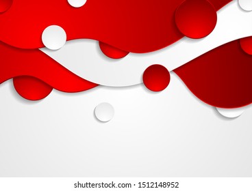 Contrast red and white curved waves pattern. Abstract corporate wavy graphic design with circles. Vector modern background