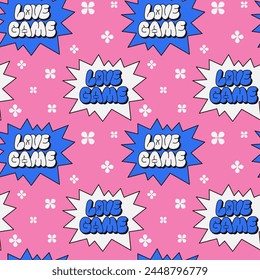 Patrón retro de contraste con pegatinas de letras. Texto Amor juego en estilo de la calle burbuja. Concepto de estilo de los años 90 de moda sobre fondo rosa. Bueno para el diseño de impresión para textil, Fondo de pantalla, envoltura