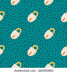 Contrast seamless bright pattern with colorful loch figures. Turquoise dotted background. Vintage simple backdrop. Perfect for wallpaper, textile, wrapping paper, fabric print. Vector illustration.