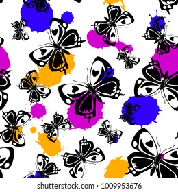 Contrast seamless butterfly cloth pattern with pink, violet and orange blotter on white. Nature butterfly linen theme vector. Repeating insect fabric artwork for wallpaper.