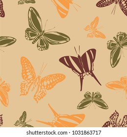 Contrast seamless butterfly engraving background isolated on contrast back layer. Wildlife butterfly etching theme vector. Insect silhouette backdrop for interior.