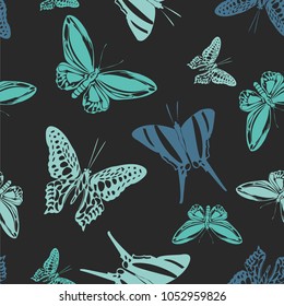 Contrast seamless butterfly engraving template isolated on contrast back layer. Spring butterfly etching theme vector. Insect silhouette clipart for advertising.