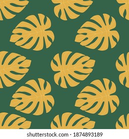 Contrast seamless doodle pattern with monstera leaf ornament. Orange exotic foliage on green background. Floral backdrop. Perfect for fabric design, textile print, wrapping, cover. Vector illustration
