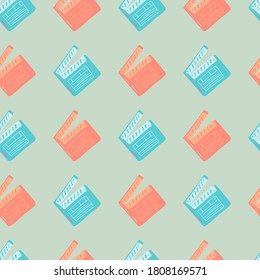 Contrast seamless doodle pattern wih clapperboard print. Simple blue and pink colored elements on grey background. For wallpaper, textile, wrapping paper, fabric print. Vector illustration.