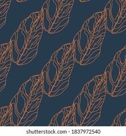 Contrast seamless foliage pattern with orange outline leaves silhouettes. Navy blue background. Botanic artwork. Designed for fabric design, textile print, wrapping, cover. Vector illustration.