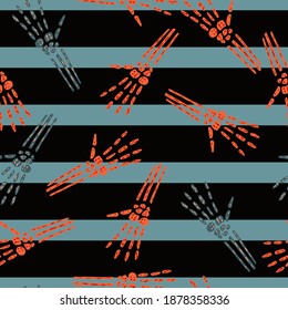 Contrast seamless horror pattern with skeleton hands ornament. Striped dark background. Graphic design for wrapping paper and fabric textures. Vector Illustration.