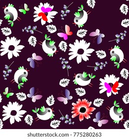 Contrast seamless natural pattern with leaves, flowers, butterflies and birds isolated on black background. Vector summer design.