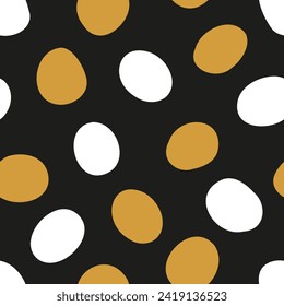 Contrast seamless pattern. Abstract polka dots. Handwritten pink gray circles on black background. Nice speckled ornament for dress fabrics. Simple uniform regular texture with dots of similar size.