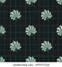 Contraste el patrón sin fisuras con elementos de hojas de junle abstractas en flor. Fondo negro a cuadros. Diseñado para el diseño de tejidos, impresión textil, envoltura, cubierta. Ilustración vectorial.