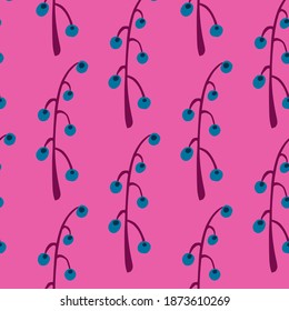 Contrast seamless pattern with blue berries on branches. Pink bright background. Flat vector print for textile, fabric, giftwrap, wallpapers. Endless illustration.