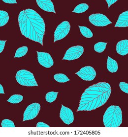 Contrast seamless pattern with blue raspberry leaves on a brown-red field. Plain shadeless background with blackberry or raspberry leaves for decoration.