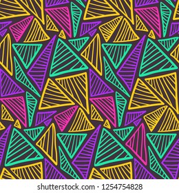 Contrast seamless pattern with bright colorful scribble triangles. Fashion vector texture with hand drawn shapes for textile, wrapping paper, surface, background, wallpaper