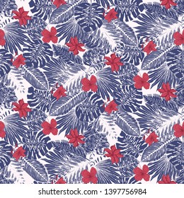 Contrast seamless pattern with bright indigo tropical leaves and red flowers bouquets. Trendy exotic plants texture for textile, wrapping paper, surface design, wallpaper, background
