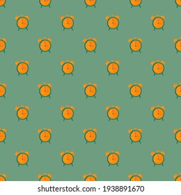Contraste el patrón sin fisuras con el adorno de reloj de alarma naranja brillante. Fondo turquesa. Impresión decorativa. Ideal para el diseño de tela, impresión textil, envoltura, cubierta. Ilustración vectorial.
