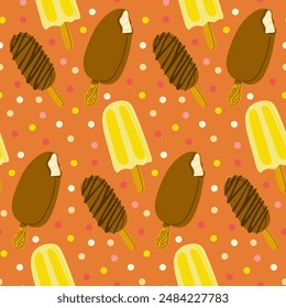 Contrast seamless pattern with chocolate ice creams on sticks. Summer vacation vector illustration on white background. Good for kids textile, wrapping paper, wallpaper