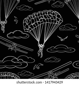 contrast seamless pattern of contour white figures of flying parachutists, sports aircraft, soaring birds and clouds on black background