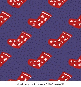 Contrast seamless pattern with doodle christmas socks. Xmas red ornament with stars on purple dotted background. Great for wallpaper, textile, wrapping paper, fabric print. Vector illustration.