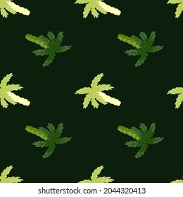 Contrast seamless pattern with doodle green palm tree shapes. Dark background. Simple nature print. Designed for fabric design, textile print, wrapping, cover. Vector illustration.