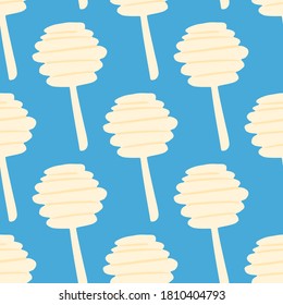 Contrast seamless pattern with doodle honey spoons. Simple white silhouettes on bright blue background. Designed for wallpaper, textile, wrapping paper, fabric print. Vector illustration.