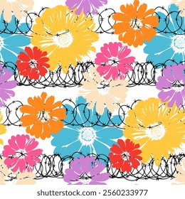 contrast seamless pattern floral daisy flowers and barbed wire, fence,  scratches and attrition texture background. Original chamomile floral print