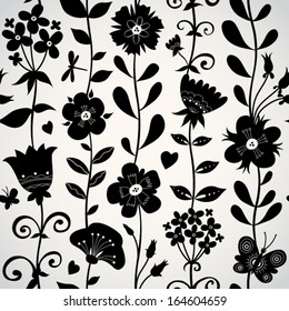 Contrast seamless pattern with flowers, butterflies and dragonflies. Bright background. Endless texture can be used for wallpaper, pattern fills, web page background, surface textures.