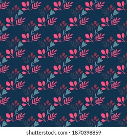 Contrast seamless pattern with folk ornamental botanic print. Pink flower and leaves on navy blue background. Graphic design for wrapping paper and fabric textures. Vector Illustration.