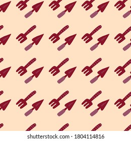 Contrast seamless pattern with garden tools. Shove and rake elements in red color on light pink background. Creative print for wallpaper, textile, wrapping paper, fabric print. Vector illustration.