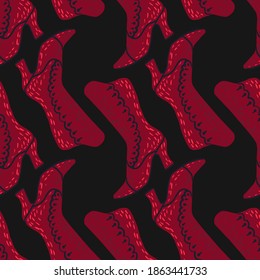 Contraste el patrón sin fisuras con botas rosadas modernas. Obra de arte de estilo femenino con fondo negro. Ilustración vectorial para impresiones textiles estacionales, tela, carteles, telas de fondo y papel pintado.