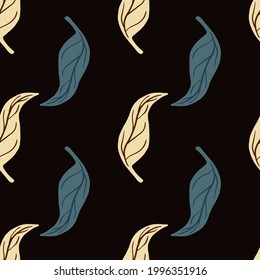 Contrast seamless pattern with natural blue and beige tangerine leaves shapes. Black background. Designed for fabric design, textile print, wrapping, cover. Vector illustration.